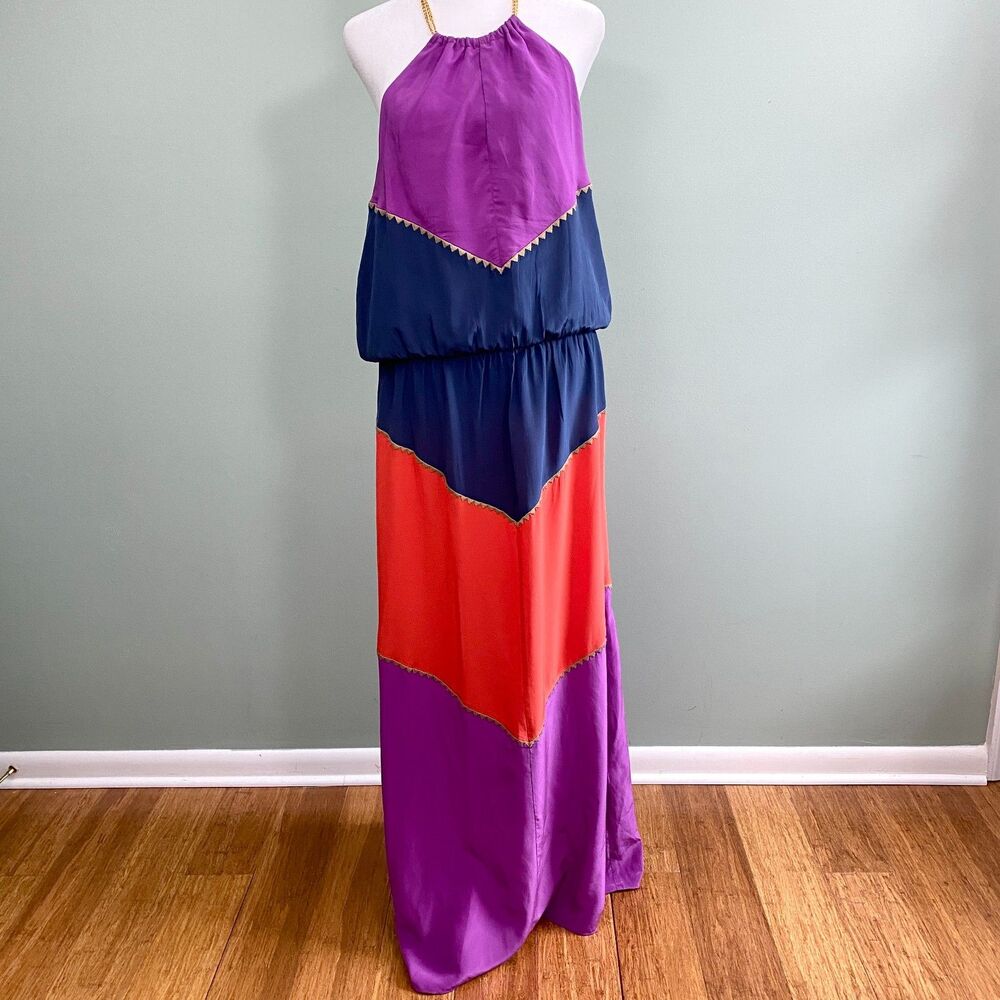 BCBG MaxAzria Silk Maxi Dress Womens Medium Purple Blue Halter Colorblock Party
